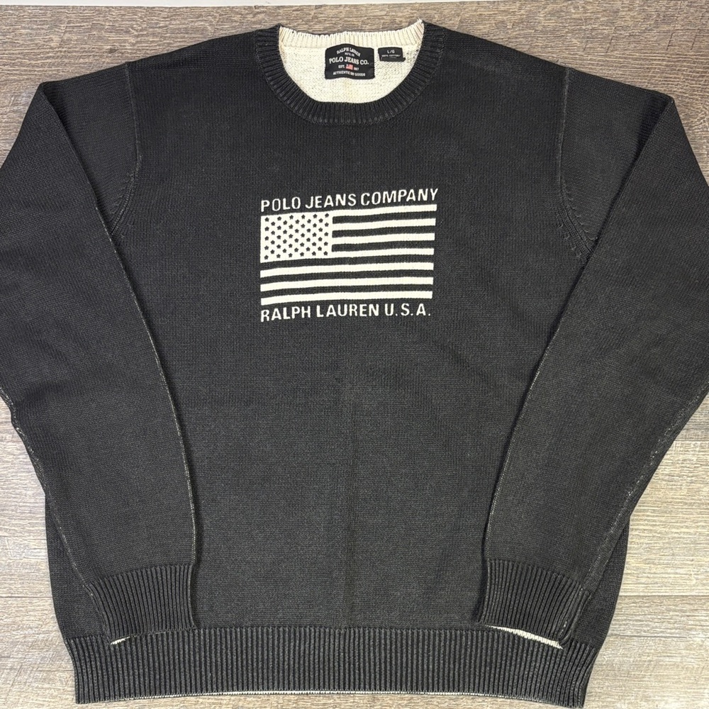Polo Jeans Co. Ralph Lauren Vintage Black American Flag Crewneck Sweater Size L